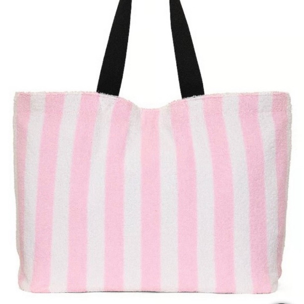 Victoria's Secret Angel Essentials Terry Tote Bag Pink Stripe Travel NWT - Picture 2 of 8